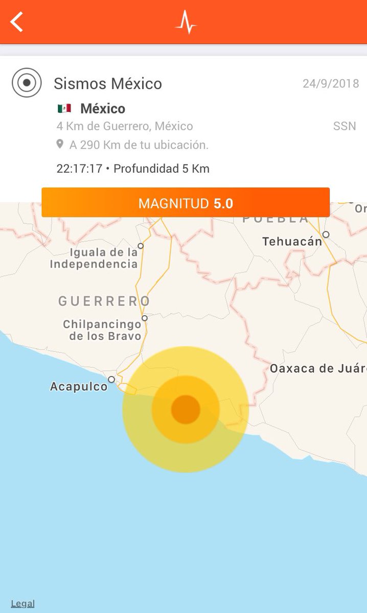 Second earthquake without adjustments: magnitude 5.0 (SSN) with epicenter 49 km southeast of San Marcos, Guerrero.