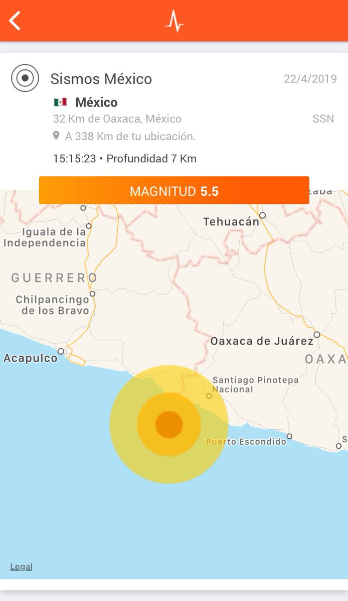 Magnitud final (SSN) 5.5 con epicentro a 65 km al suroeste de Pinotepa Nacional, Oaxaca.  Detectado por @RedSkyAlert con intensidad «moderada en epicentro; «leve en localidades aledañas y «débil en localidades alejadas.   