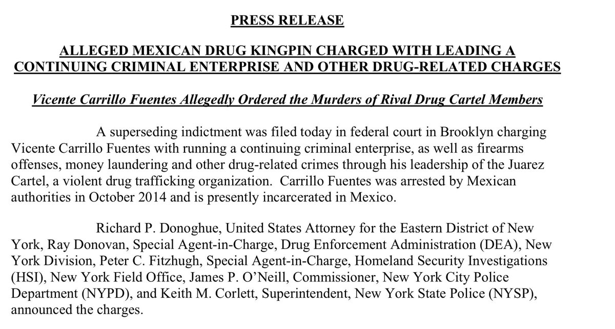 Federal prosecutors in Brooklyn filed a new indictment today against ex-Juarez cartel leader Vicente Carrillo-Fuentes aka El Viceroy.  He's charged with leading a continuous criminal enterprise — the same charge El Chapo faced