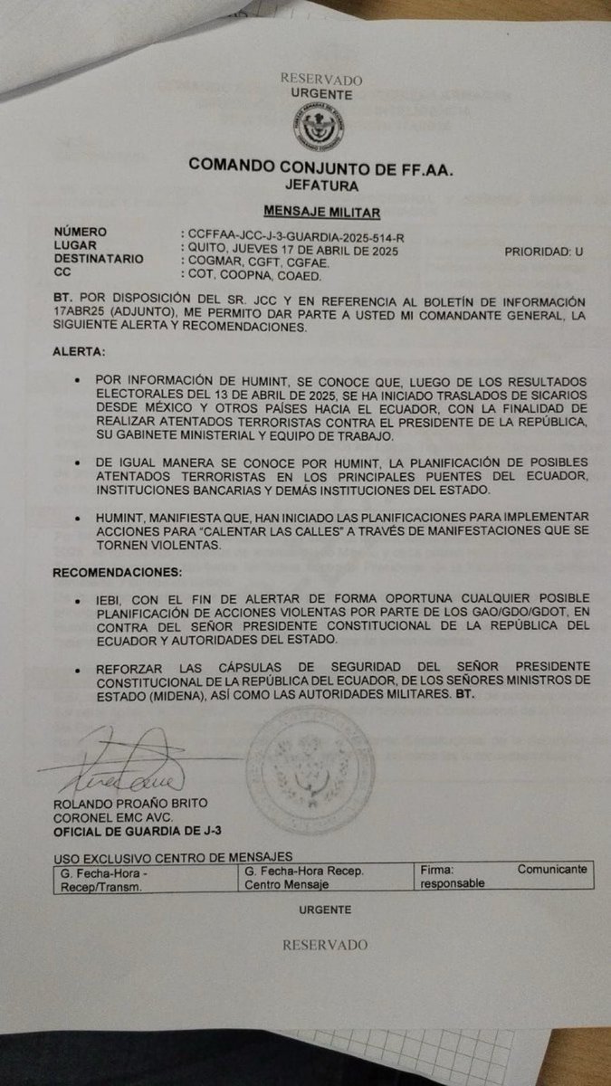 Wczoraj Ekwador opublikował raport wywiadu wojskowego, z którego wynika, że na podstawie danych wywiadowczych HUMINT (Human Intelligence) członkowie meksykańskiego kartelu zostali wysłani do Ekwadoru w celu zabicia prezydenta i przeprowadzenia ataków terrorystycznych