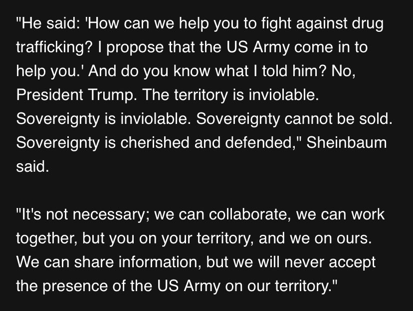 Mexican President Claudia Sheinbaum said Saturday that she had declined an offer by Trump to send US troops to fight drug cartels on Mexican territory.  During a public university inauguration in Texcoco, Sheinbaum confirmed a WSJ report that Trump had made the offer –