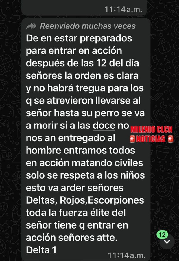 This is how organized crime carried out the blockade on Periférico near UVM in Zapopan, Mexico, this morning. Alleged communications from CJNG’s Delta faction say the group is mobilizing to avenge El Mencho. They threaten violence against civilians if those behind his capture are not surrendered, while stating children would not be harmed.
