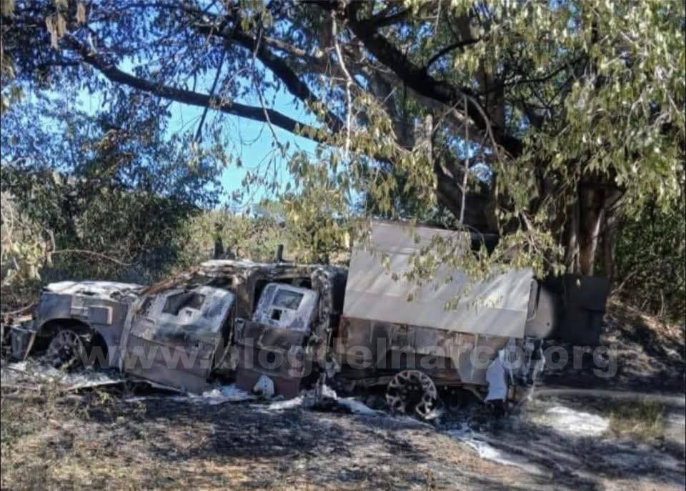 Burned-out trucks were all that remained of the hitmen after they clashed with federal forces in the mountainous region of Mocorito, Sinaloa.